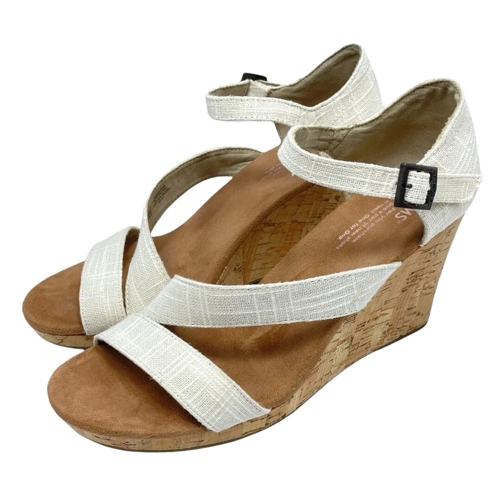 Toms Women's 8.5 Clarissa Wedge Heel Sandal Natural Linen & Cork Ankle Strap